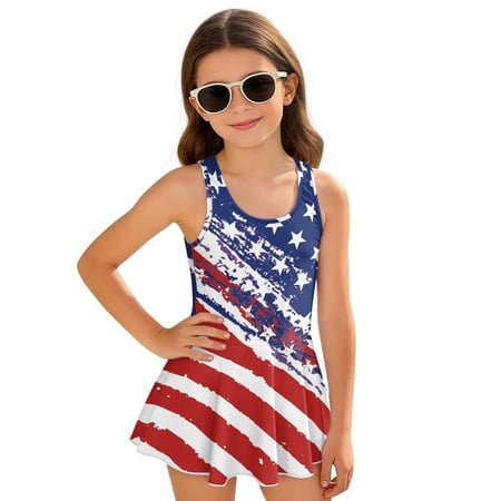 Xoenoiee American Flag Print Girls One Piece Swimsuit with Short Modest Beach Swim Dress Sleeveless Ruched Swimwear Skirted Bathing Suit Size 3-4 Years