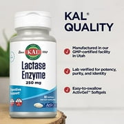 KAL Lactase Enzyme 250 mg, Healthy Digestion Support for Lactose Intolerance, Liquid-Filled ActivGels Made Without Soy, 250 FCC Units, 30 Servings, 60 SoftGels