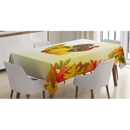 Turkey Tablecloth, Cornucopia and Animal with a Beak Poultry Pattern Fall Season Fruits Autumn Leaves, Rectangular Table Cover for Dining Room Kitchen, 52 X 70 Inches, Multicolor, by