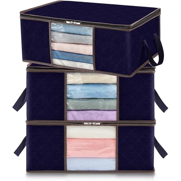 3 Pack 35L Clothes Storage Bag, Navy Folding Under Bed Organizer, Duvet Cover Wardrobe Organizer with Strong Fabric Clear Window for Clothes.