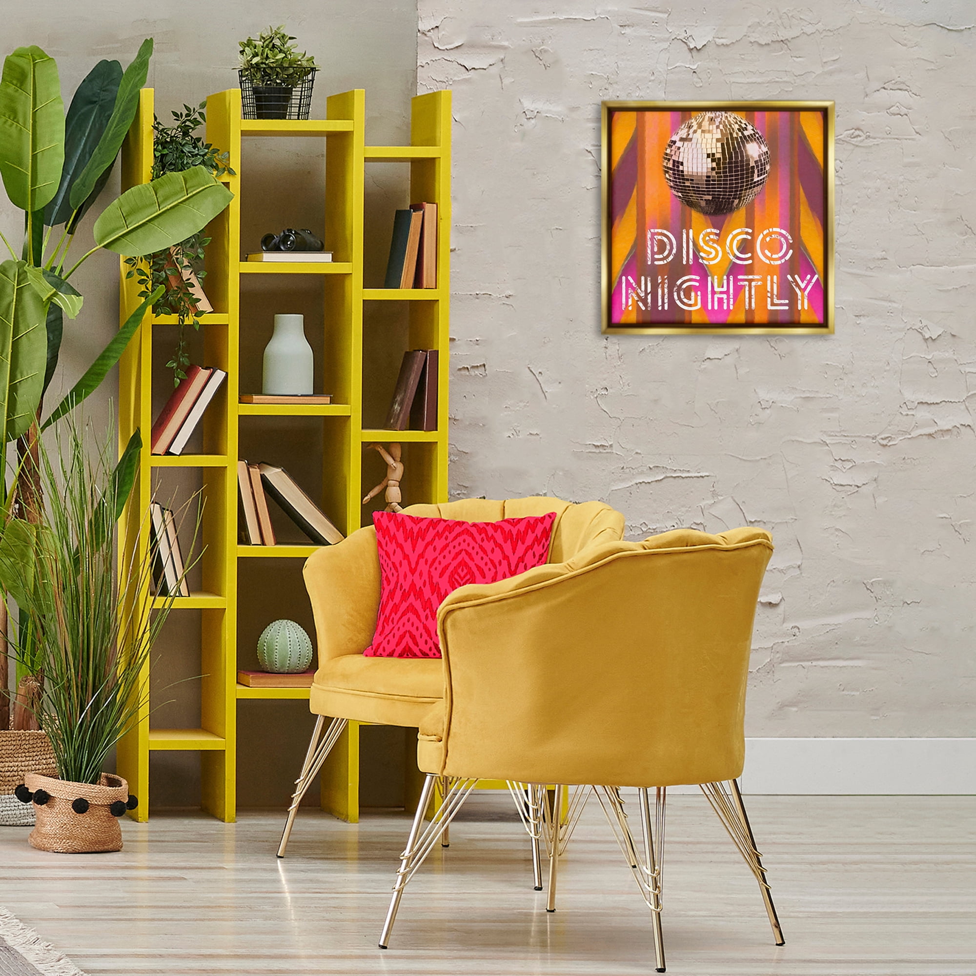 Stupell Industries Disco Nightly Retro Phrase Entertainment Painting Gold Floater Framed Canvas Art Print Wall Art, 18 x 18