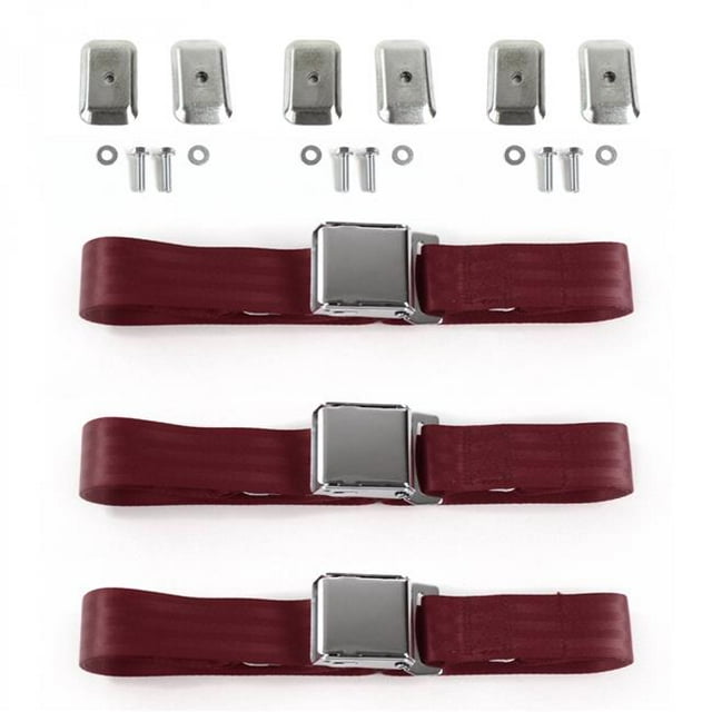 Burgandy Lap Bench Seat Belt Kit with Bracketry for 1968-1972 Chevy Chevelle Airplane 2 Point - 3 Belts