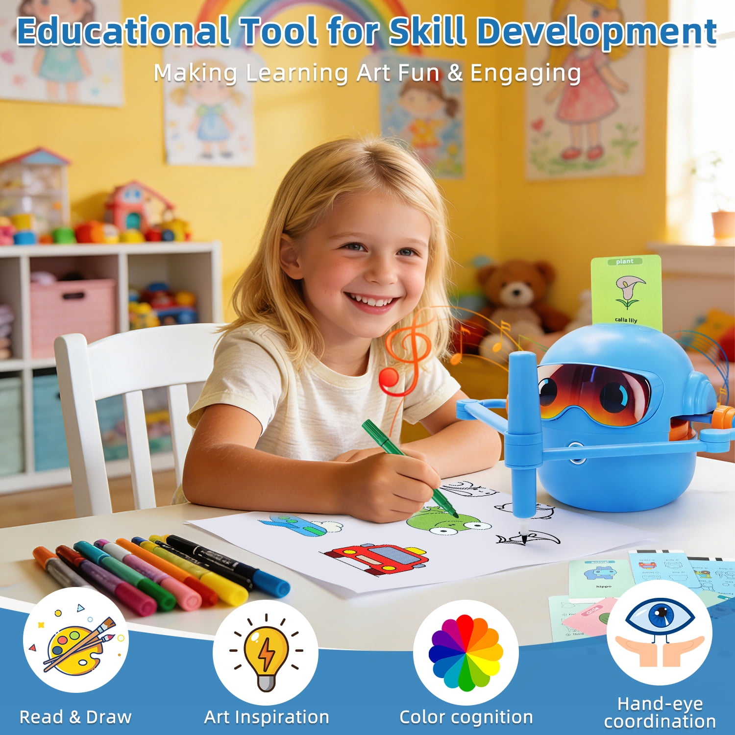 Educational Drawing Robot for Kids Ages 3-8 | Voice Interactive Learning Toys with 100 Word Cards & 12 Color Pens | Montessori Painting Machine for Boys Girls | Birthday Party Gifts (Blue)