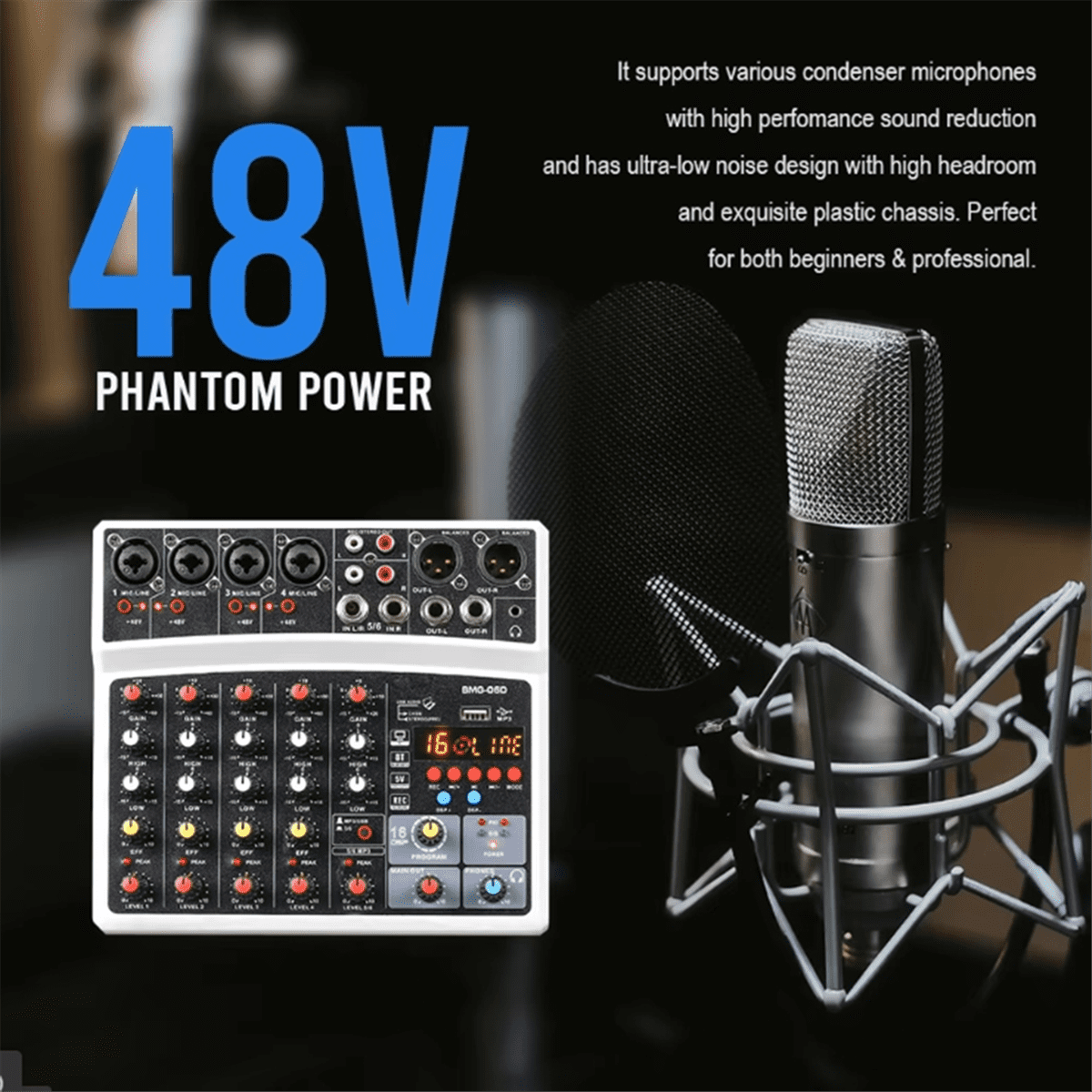 Portable 6 Channel Audio Mixer Mixing Console USB Interface Sound Card with 99- 48V Phantom Power US Plug