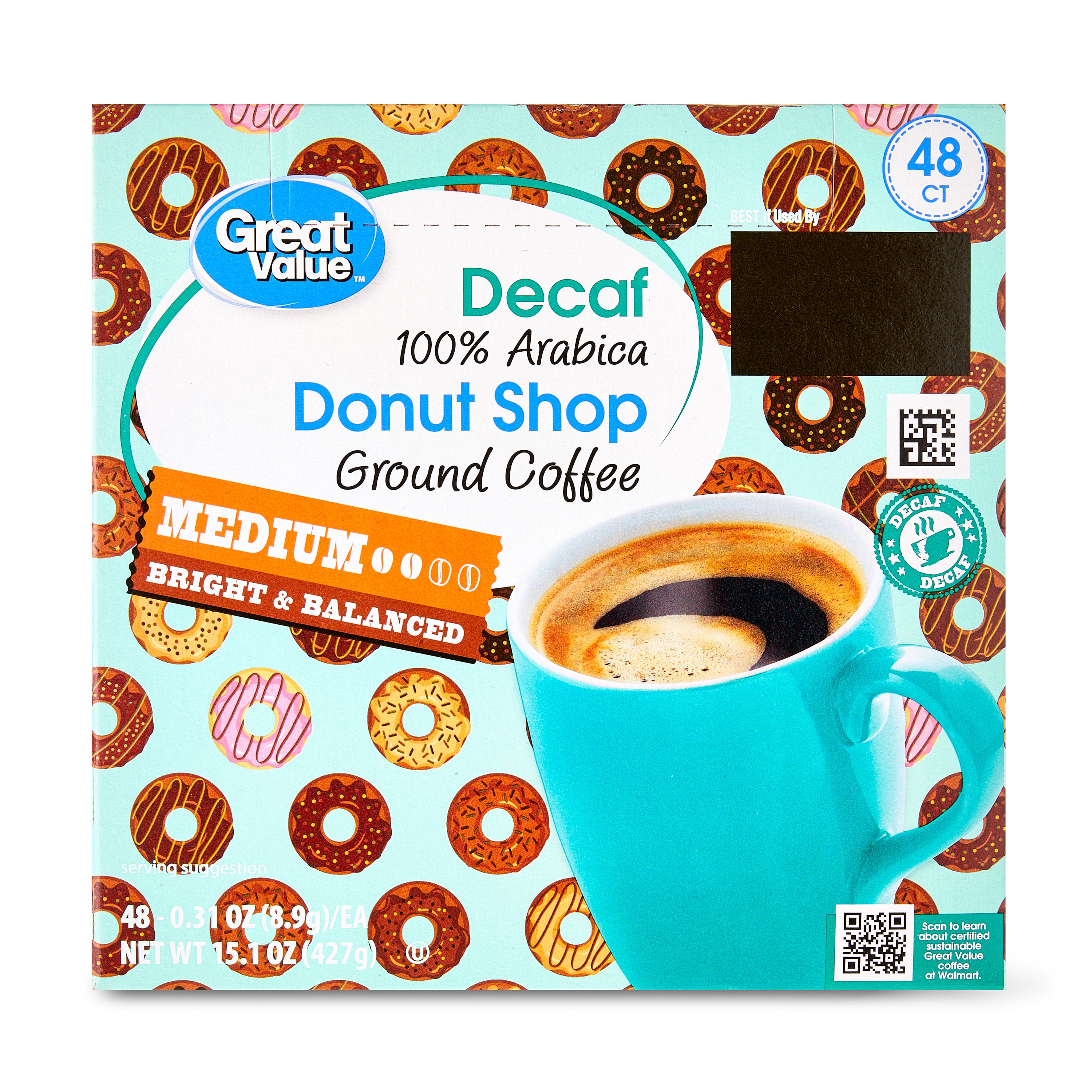 Great Value 100 Arabica Decaf Donut Shop Ground Coffee Pods, Medium