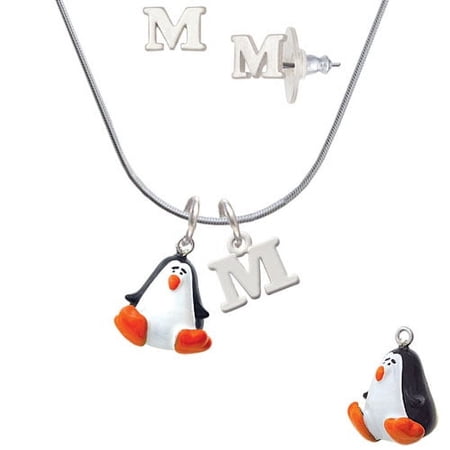 Resin Penguin – M Initial Charm Necklace and Stud Earrings Jewelry Set