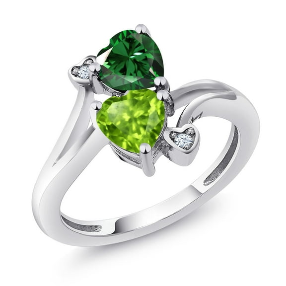 Gem Stone King 1.50 Cttw Green Nano Emerald and Green Peridot Ring for Women | 925 Sterling Silver | Heart Shape 6MM | Gemstone May Birthstone (Size 5)
