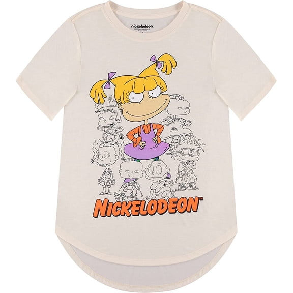 Nickelodeon Ladies 90's Fashion Shirt - Rugrats, Angelica and Chuckie Curved Hem Front and Back Short Sleeve Tee Ivory, Medium