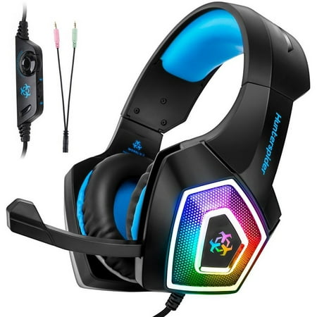 Gaming Headset, Noise Cancelling Over Ear Headphones with Mic, LED Light Bass Surround Soft Memory Earmuffs for Xbox One, PS4, PC,
