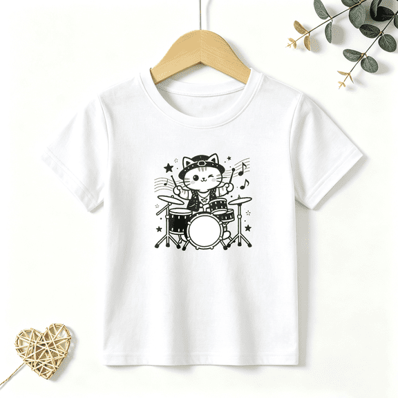 Boys Graphic T Shirt Cute Cat Playing Drums Music Design Short Sleeve Tee Fun Animal Style 100% Cotton Soft Kids Tops 4-13Y