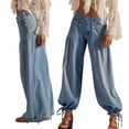 thumbnail image 2 of Pantalones Vaqueros Casuales de Mujer, Holgados, de Tiro Medio y Pierna , con Pliegues Lavados Azul L, 2 of 8