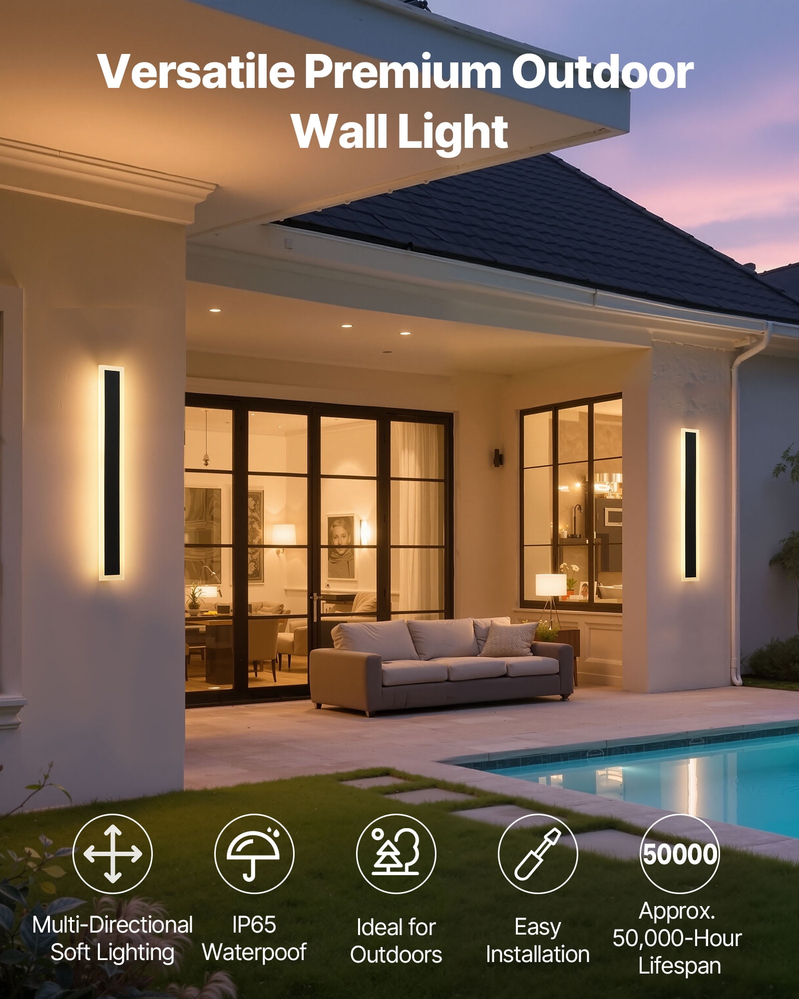 VEVOR Outdoor Wall Light, 23.6 Inch, Long Strip Modern Exterior Wall Sconce Light Fixtures, 3000K Warm White, IP65 Waterproof, Anti-Rust Outside Patio Wall Mount Lighting, for House, Porch, Garage