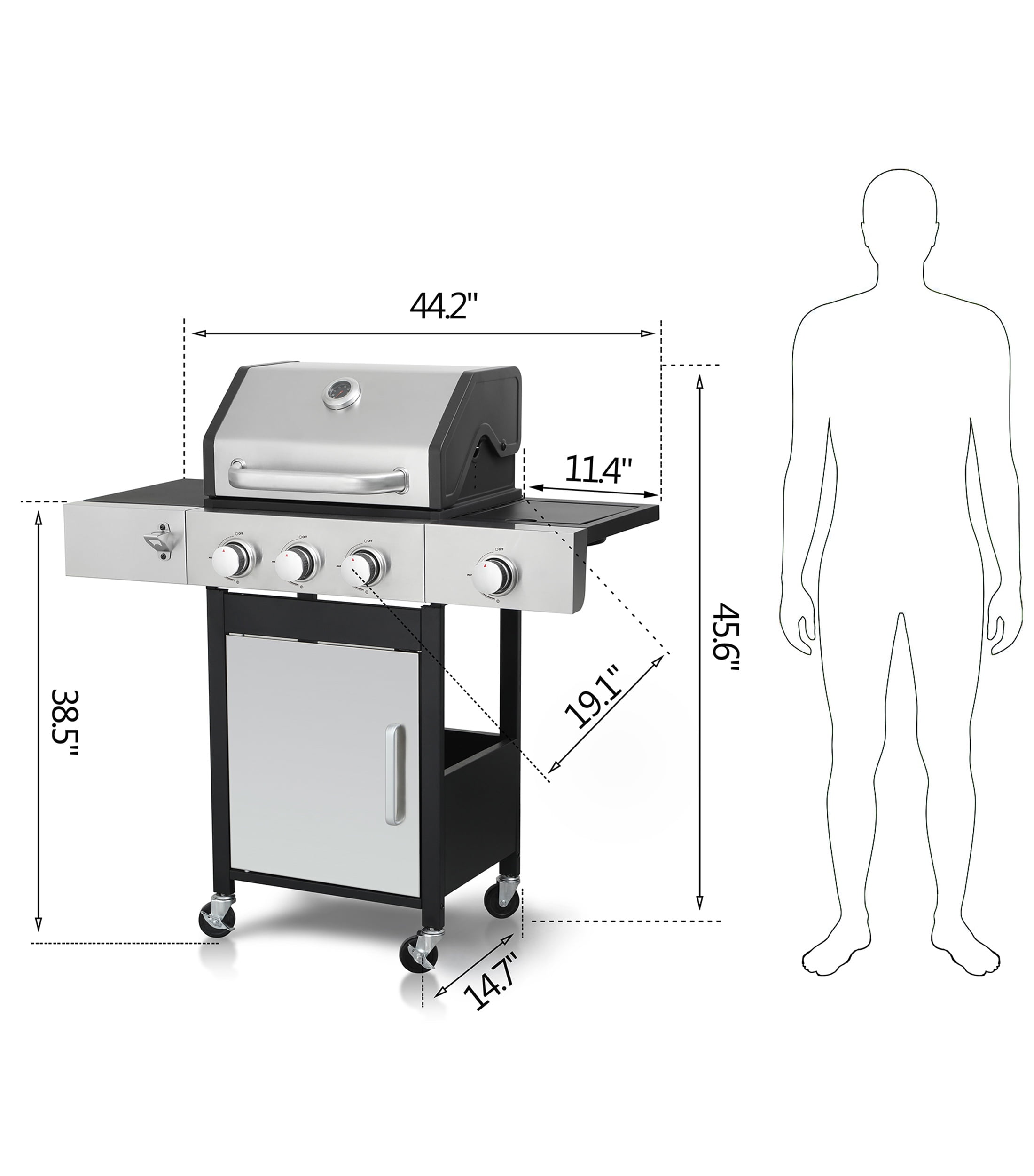 Segmart 3 Burner BBQ Propane Gas Grill with Side Burner, Stainless Steel 40,500 BTU Patio Garden Barbecue Grill with Wheels, and Bottle Opener, Perfect for Camping, Outdoor Cooking