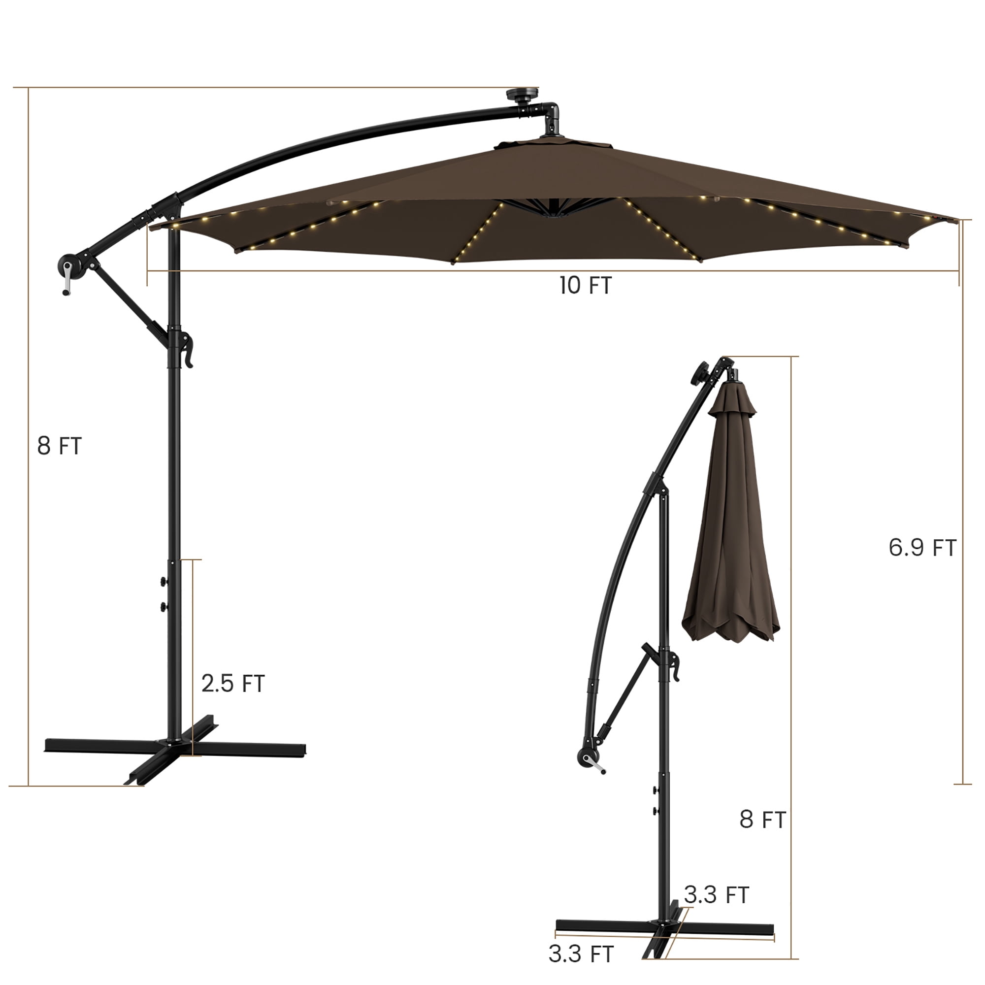 Gymax 10 FT Offset Patio Umbrella Solar Powered Cantilever Umbrella w/ 112 LED Lights Coffee