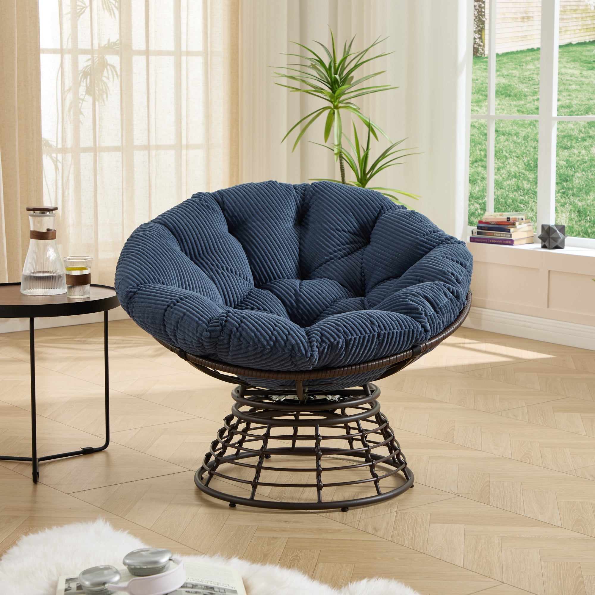 Howcool Indoor/Patio Swivel Chair with Corduroy Cushion, Round Accent Armless Rattan Egg Chair