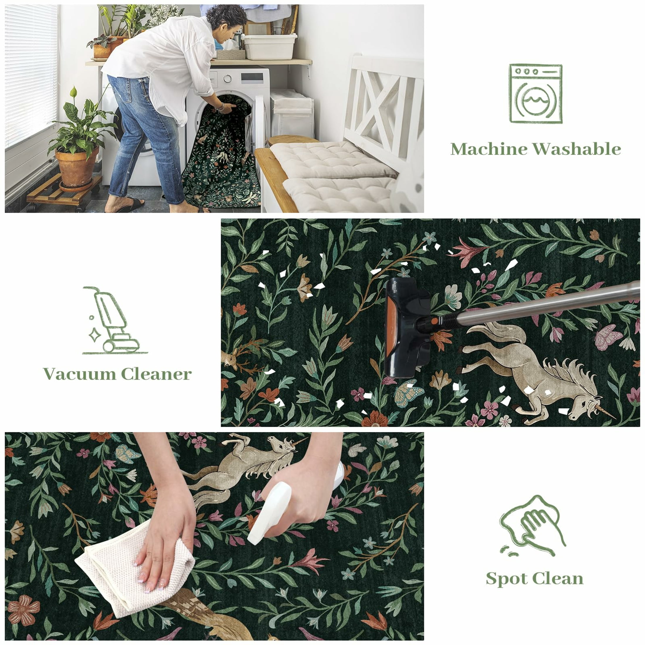 Moynesa 8'x10' Fantasy Garden Area Rugs for Living Room, Washable Vintage Botanical Unicorn Rugs for Bedroom, Large Victorian Accent Carpet for Dining Room Nursery Playroom, Dark Green