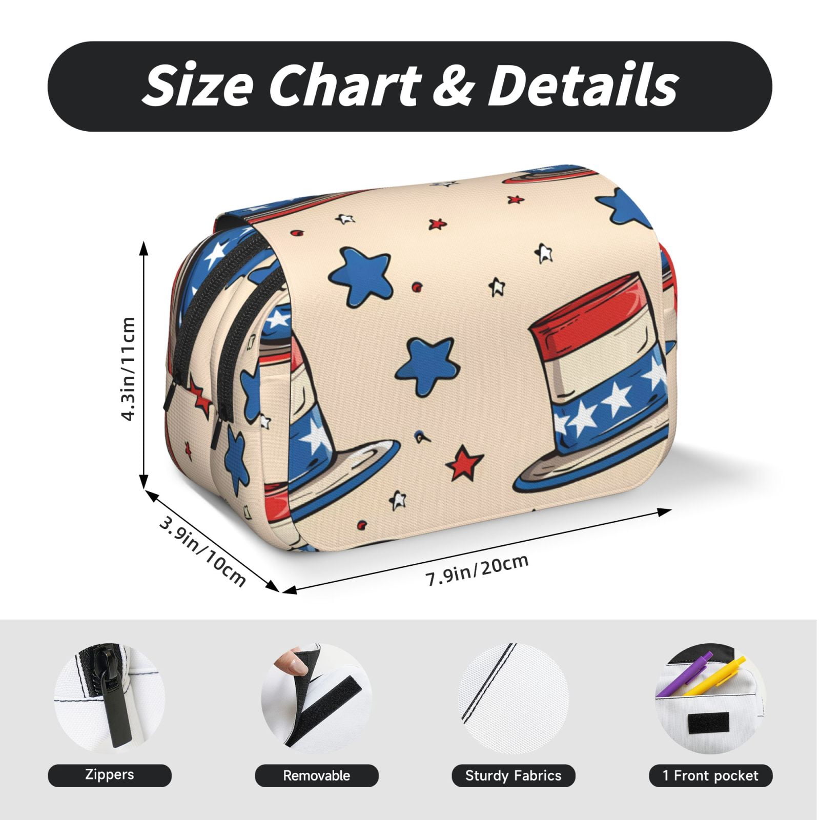 Large-Capacity Flip-Top Double-Layer Pencil Case, Multi-Functional Pocket Pen Case, Durable Stationery Organizer Independence Day Theme Elements Star (5)