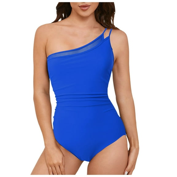 Linfrsh Womens One Piece Swimsuits One Shoulder Bathing Suits Tummy Control Modest Full Coverage Key Hole Beach Vacation Clothes Swimwear Blue,2XL