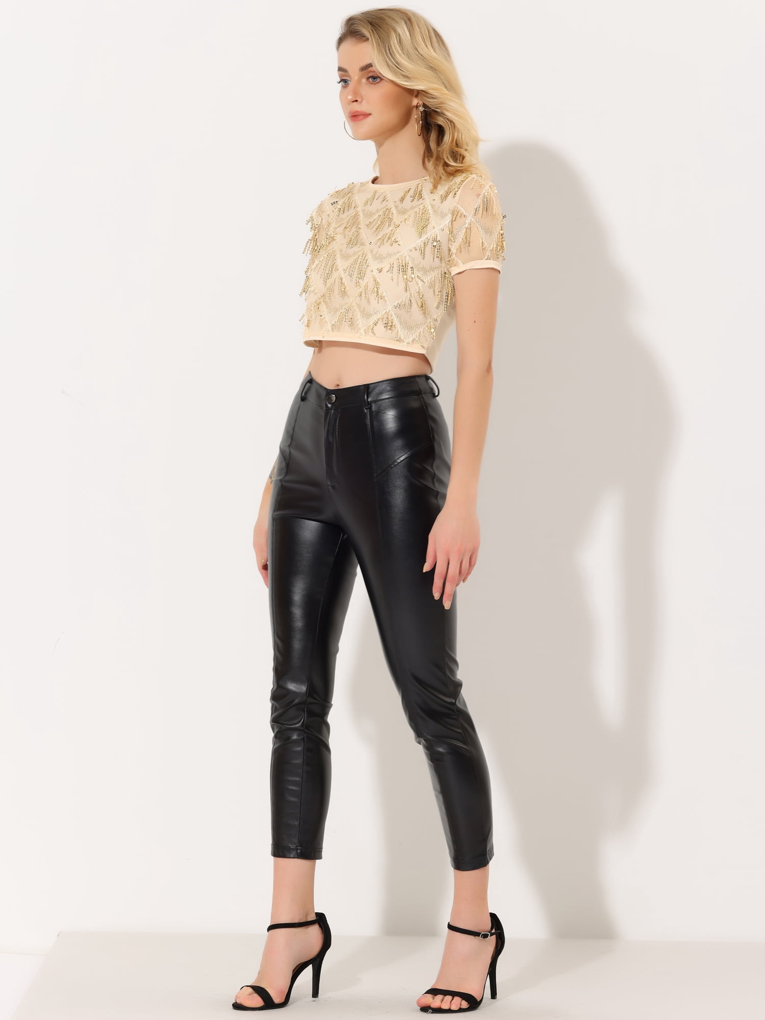 DARING DIVA Sequin Shiny Glitter Crop Top Tassel T-Shirt XL Gold