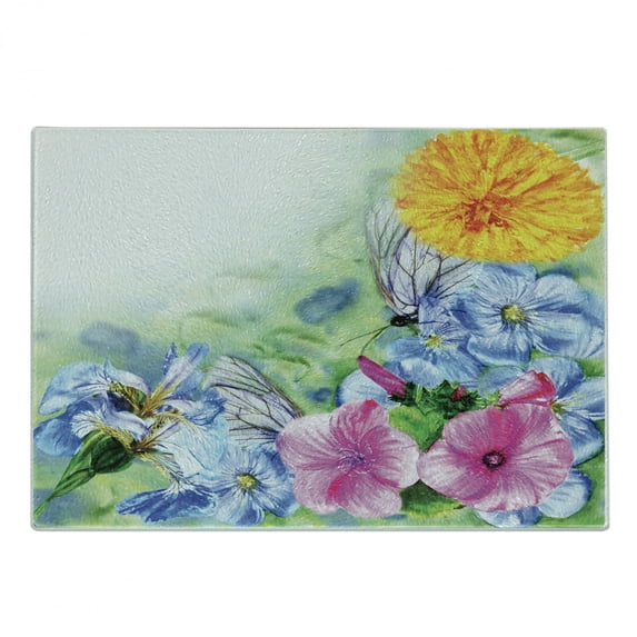 Watercolor Flower Cutting Board, Surreal Iris Peony Poppy Petals Paint with Moth Butterflies Wilderness, Decorative Tempered Glass Cutting and Serving Board, Small Size, Multicolor, by Ambesonne
