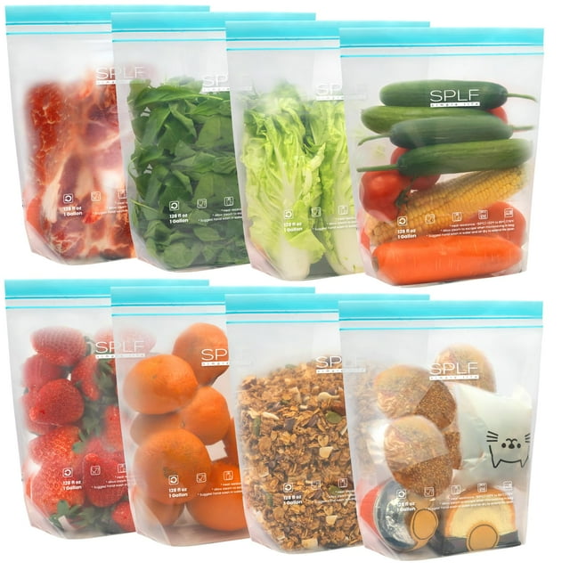 SPLF 8 Pack Reusable Gallon Freezer Bags Dishwasher Microwave Safe, 1 Gallon BPA Free Leakproof Food Storage Bags, Silicone Free Containers for Meal Prep, Fridge Kitchen Organization