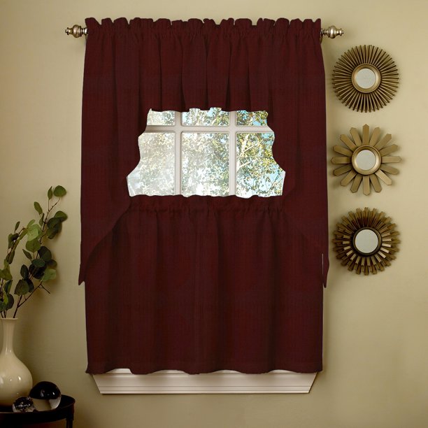 Ribcord Kitchen Curtains Solid Opaque 36" Tier, Valance & Swag Set Wine