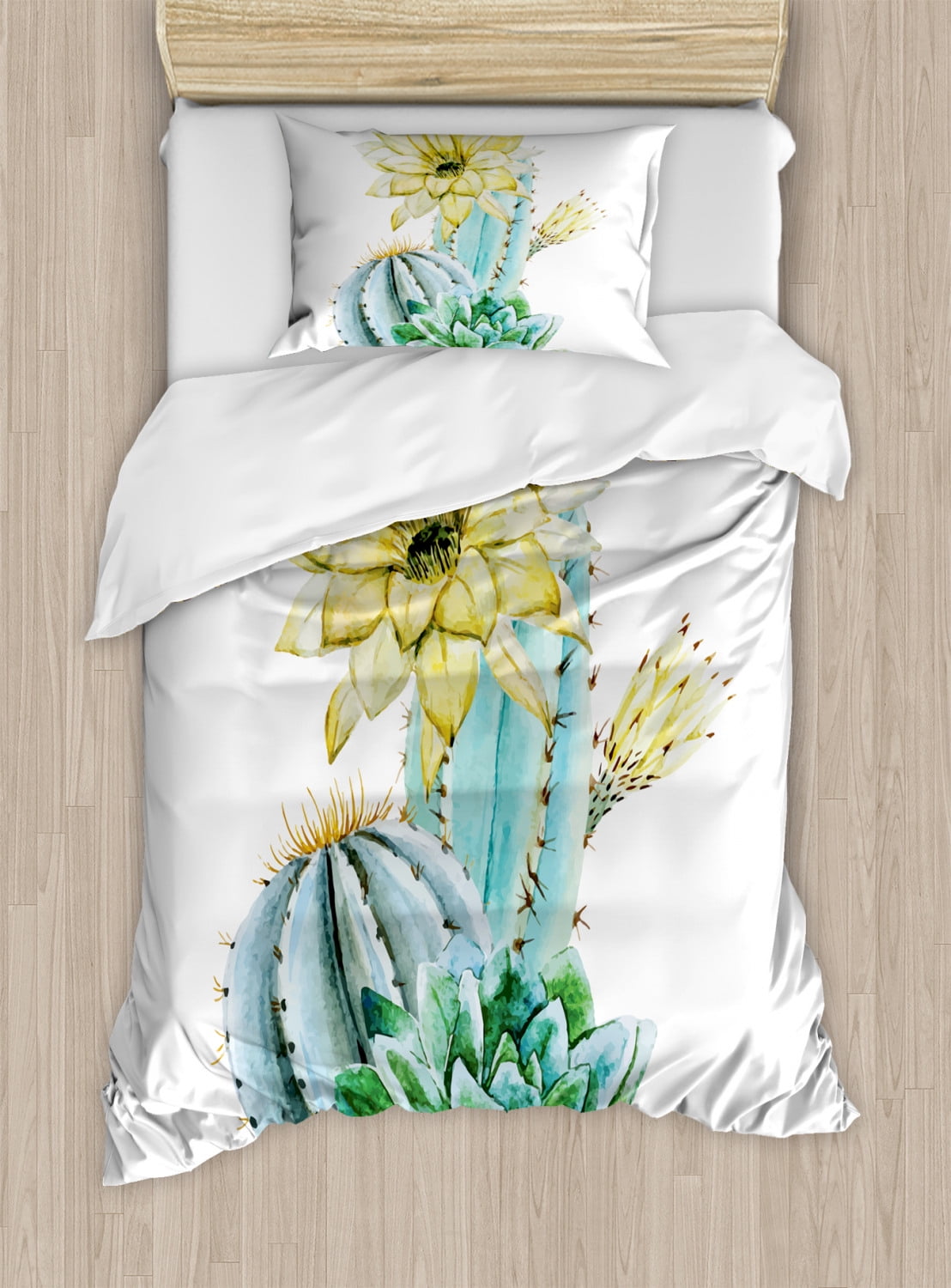 Cactus Duvet Cover Set, Vector Image with Watercolored Cactus with
