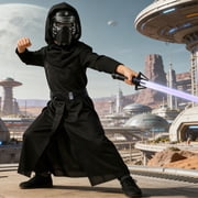Kids Dark Warrior Halloween Costume Set - 3-Piece Black Outfit with Hood, Mask, Toy Saber & Belt for Boys Cosplay