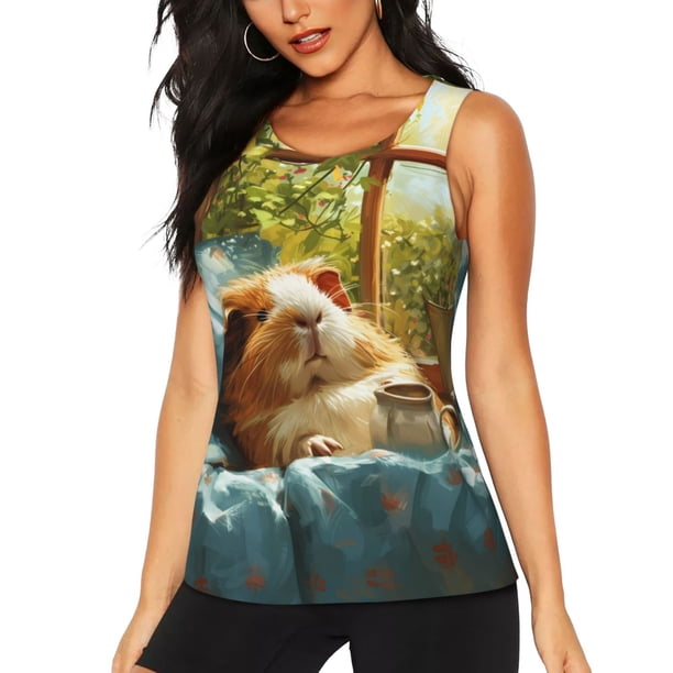 Balery Lazy Home Style Guinea Pig Camiseta sin mangas estampada ligera para mujer, tops de entrenamiento sin mangas, camisetas de yoga transpirables de secado rápido.-Small
