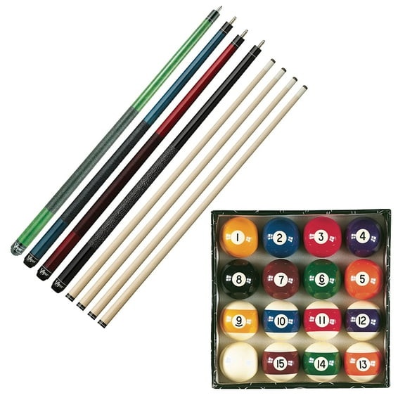Viper Billiard Master Pool Ball Set, Viper Elite Series Black Wrapped Cue, Viper Elite Series Red Wrapped Cue, Viper Elite Series Blue Wrapped Cue, and Viper Elite Series Green Wrapped Cue