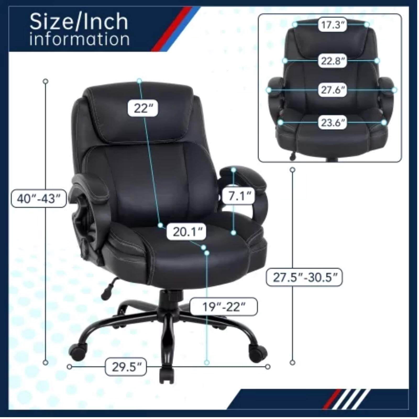 NiamVelo Big and Tall Executive Office Chair 400lbs, Ergonomic PU Leather Computer Desk Chair Adjustable Swivel Chair for Adults, Black