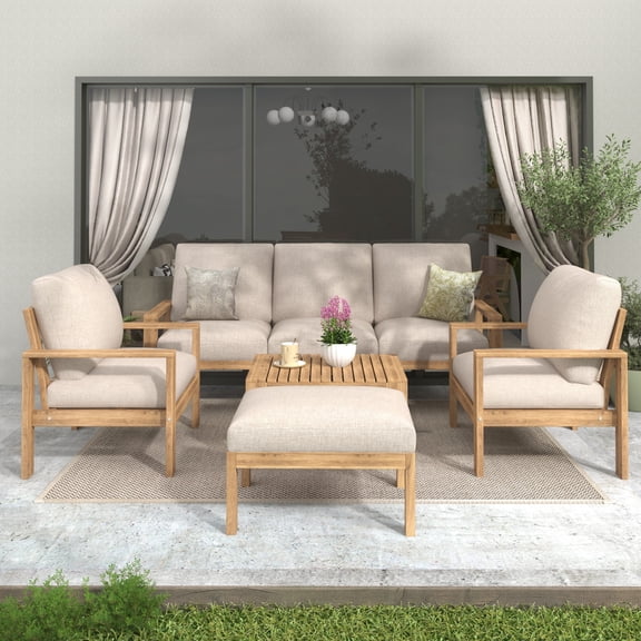 Christopher Knight Home 5-Piece Outdoor Sectional Wood Conversation Sofa Set with Light Gray Cushions