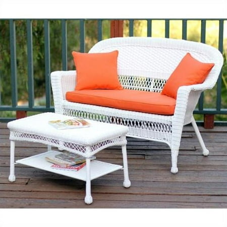 Jeco Wicker Patio Love Seat and Coffee Table Set in White with Orange Cushion