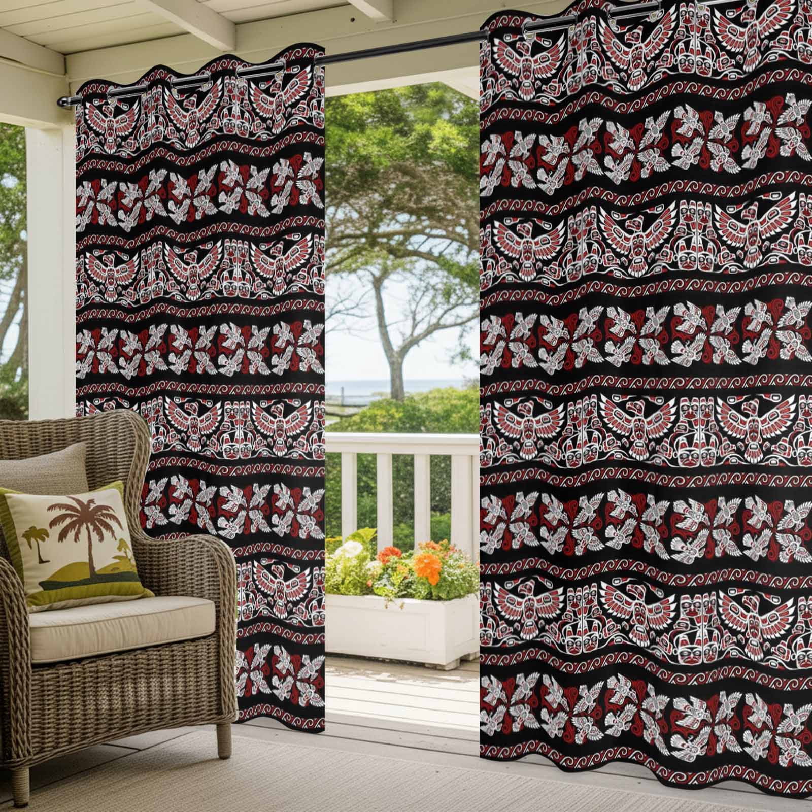 Ethnic Tribal Style Outdoor Curtains for Patio, Bird Geometric Boho Red Black Rustic Sunshade Privacy Drapes Grommet Waterproof Outside Curtains for Porch/Cabana/Balcony 54"x 108", 1 Panel