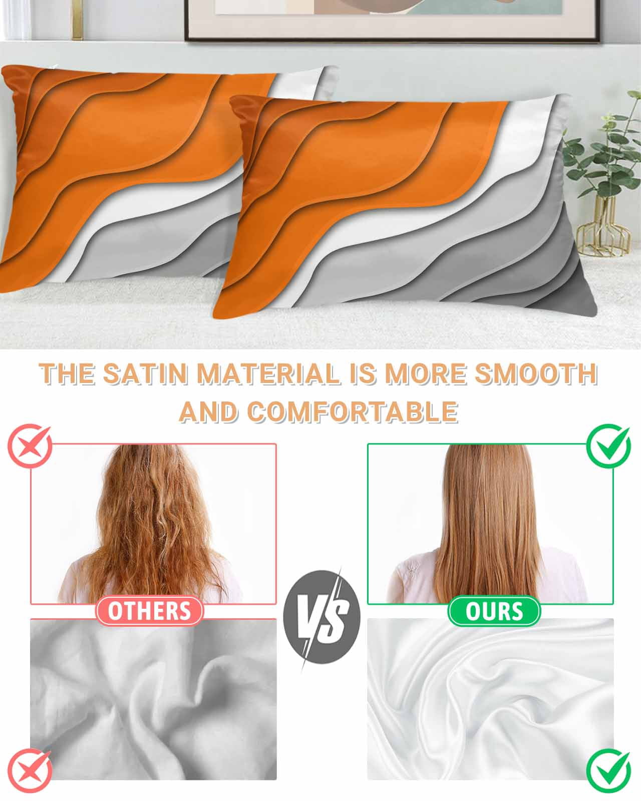 Orange Grey Ombre Satin Pillowcase for Hair and Skin with Zipper, Soft Breathable Cooling Silk Pillow Cases, Modern Geometric Abstract Aesthetics Cream Throw Pillow Covers King Size 20"x36" Set of 2