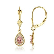 14k Yellow Gold Beaded Pear CZ Halo Dangle Leverback Earrings (6mm X 24mm) (january)-Dangle Earring for Women