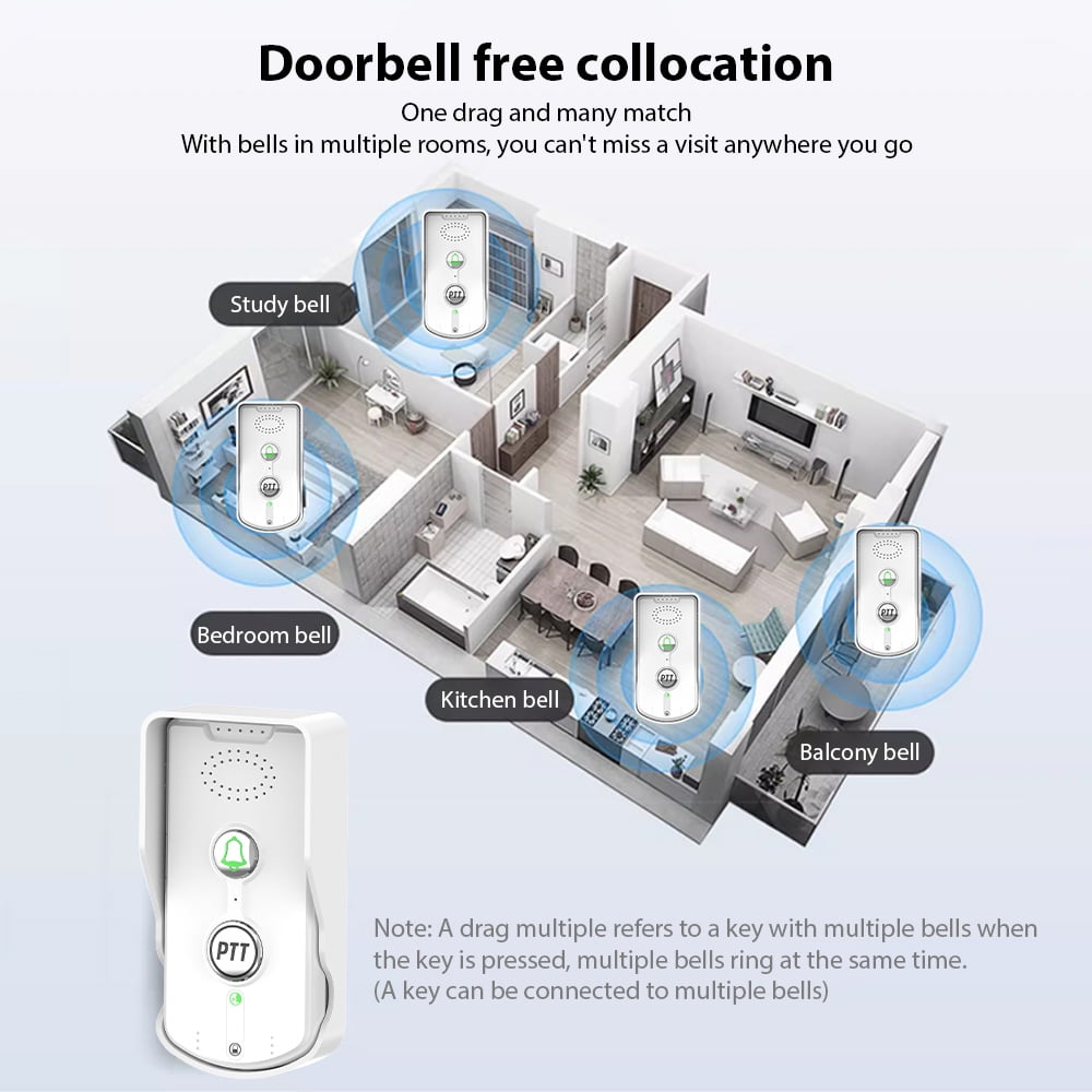 Wireless Doorbell Intercom Rechargeable 1000m/3280ft Long Distance Smart Intercom Doorbells for Home Office Real-Time Two-Way Communication 3 Volume Levels Waterproof Electronic Doorbell Chime