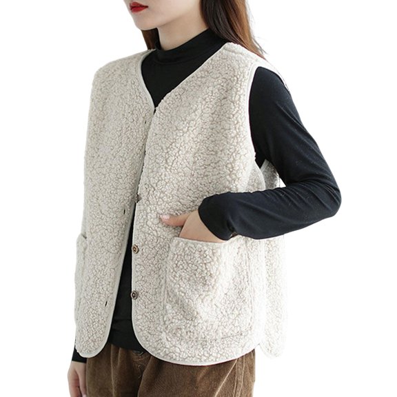 Fall Winter Women Vest Coat V Neck Fleece Single-breasted Double Pockets Sleeveless Cardigan Solid Color Daily Wear Office Waistcoat