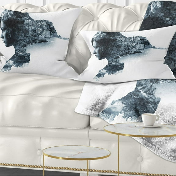 Designart Woman Portrait Double Exposure - Portrait Throw Pillow - 12x20