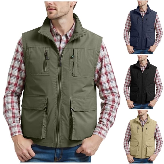 Big & Tall Men's Sleeveless Utility Fishing Vest Mesh Liner Stand Collar Full Zip Cargo Workwear Jacket for Hiking Travel Quick Dry Lightweight Solid Color