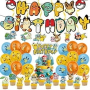 54 Pcs Pokemon Birthday Decorations, Pokemon Party Decorations, Pokemon Theme Party Supplies Include Banner, Balloons, Hanging swirls, Cake Topper, Cupcake Toppers, Ribbon and Backdrop