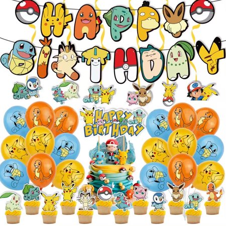 54 Pcs Pokemon Birthday Decorations, Pokemon Party Decorations, Pokemon Theme Party Supplies Include Banner, Balloons, Hanging swirls, Cake Topper, Cupcake Toppers, Ribbon and Backdrop