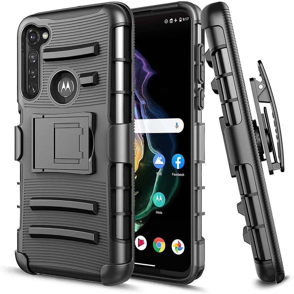 For Motorola Moto G Fast / G8 Armor Belt Clip Holster Case Cover Black
