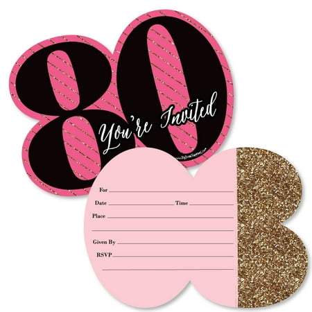 Chic 80th Birthday - Pink, Black and Gold - Shaped Fill-In Invitations - Birthday Party Invitations - Set of 12