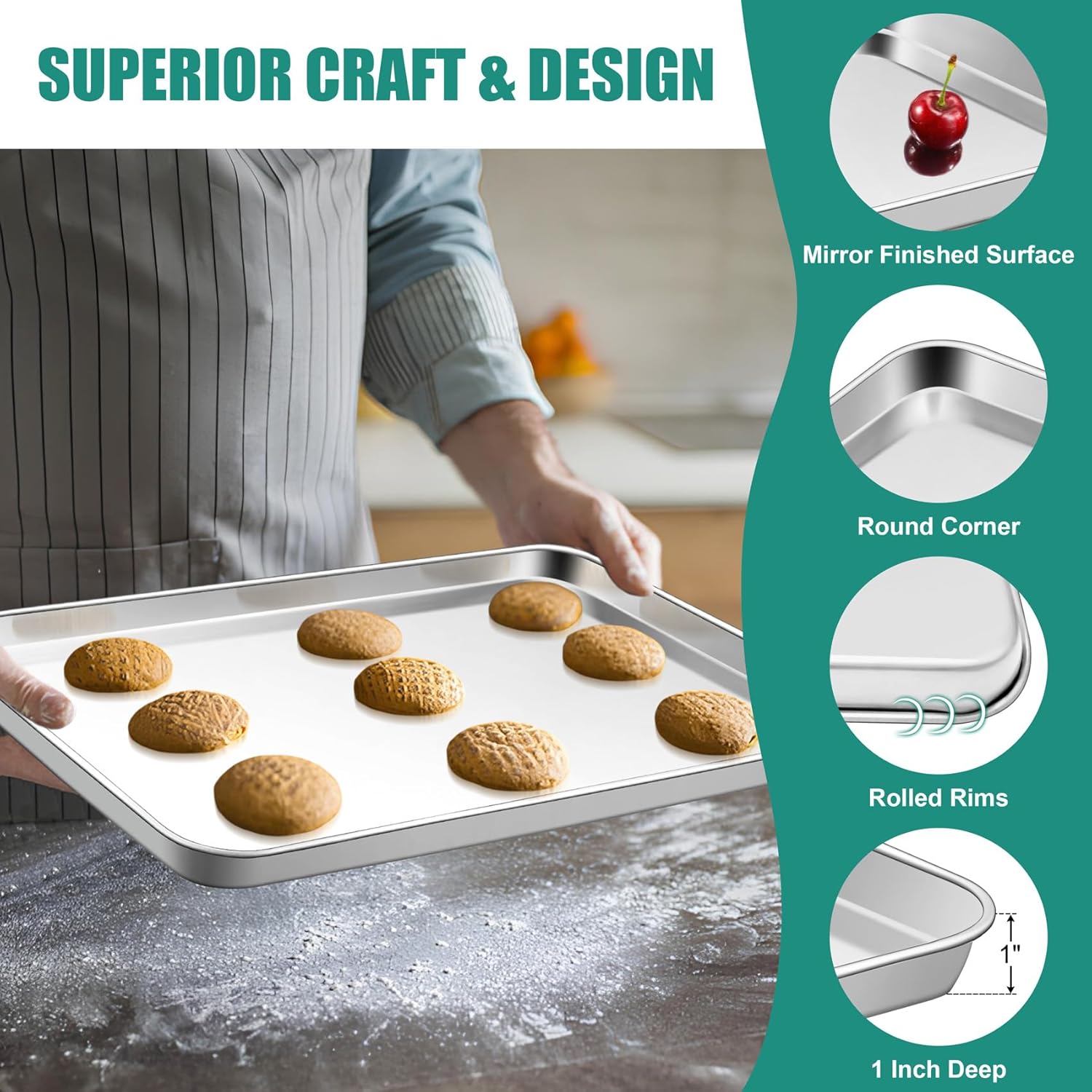Baking Sheet Set of 3, 16/12.5/9.3 Inch Stainless Steel Cookie Sheets Baking Pans, Metal Oven Baking Tray for Cooking Roasting Serving, Non-Toxic & Mirror Finish & Dishwasher Safe