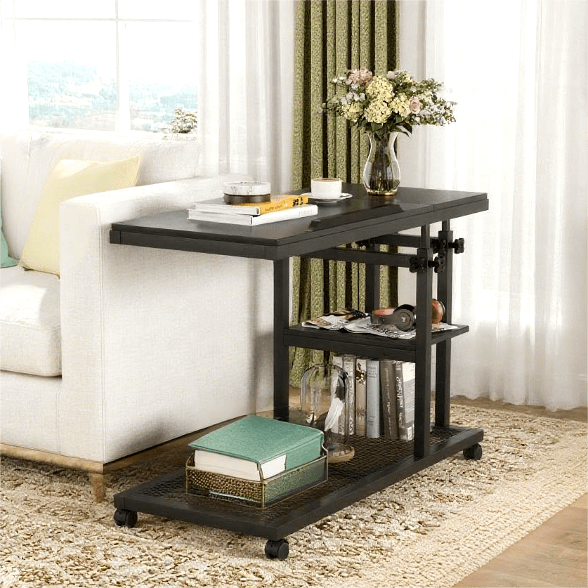 Fnova Mobile Side Table with Wheels, Snack Tray, Height-Adjustable C-Shape Desk, Tiltable Drawing Board, Laptop Stand, Storage Shelves for Living Room, Bedside Table for Couch
