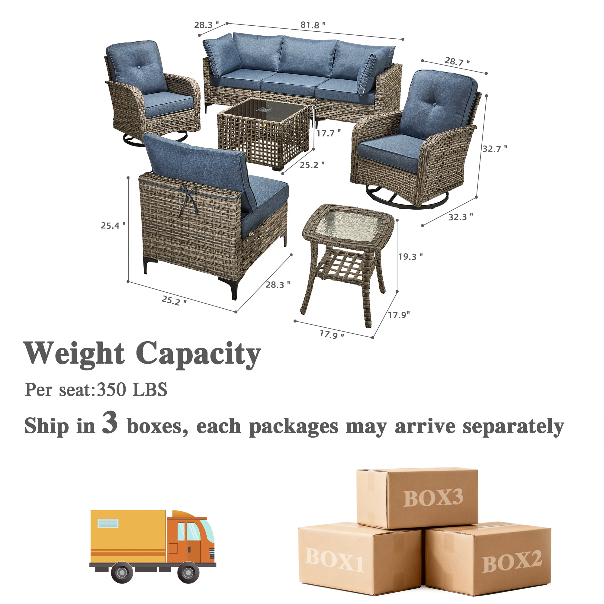 Ovios 8 Pieces Patio Furniture Outdoor Conversation Set Rattan Wicker Outside Sectional Sofa with Swivel Chairs & Solar Light Table, Denim Blue