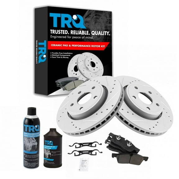 TRQ Front Ceramic Brake Pad Performance Rotor Kit w/ Fluids for Dodge Jeep BKA20748 Fits select: 2014-2016 JEEP GRAND CHEROKEE, 2011-2013 JEEP GRAND CHEROKEE LAREDO