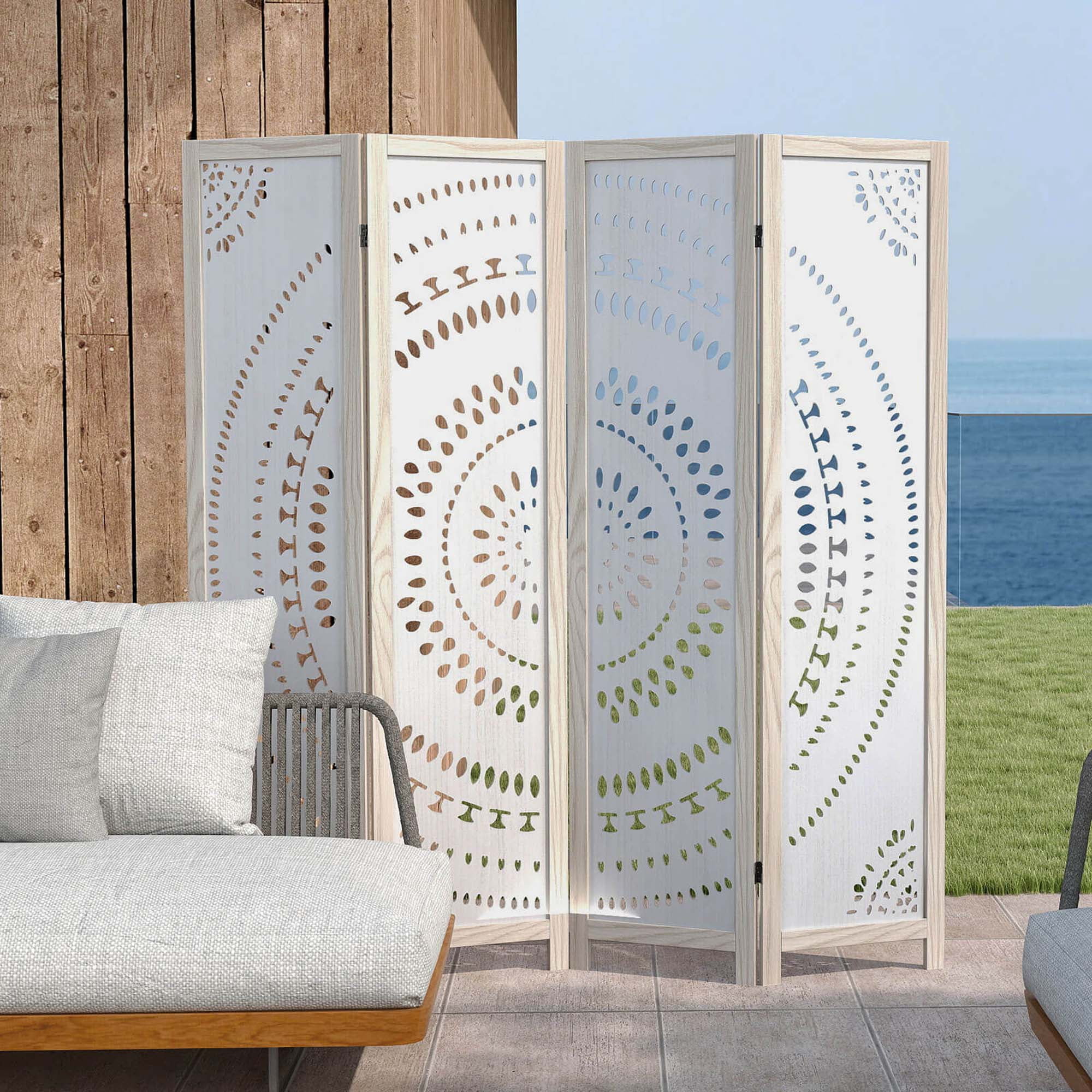 Costway 66" Boho 4-Panel Room Divider with Carved Pattern & Solid Wood Frame 360° Hinges