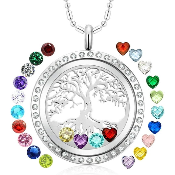 Family Top Tree of Life Floating Charm Locket Necklace for Women with Birthstones Living Memory Pendant DIY Surgical Stainless Steel Jewelry Mothers Gifts[z372]